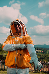 Image showing Beekeeper put on a protective beekeeping suit and preparing to enter the apiary