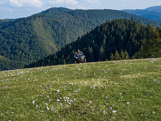 Image showing A man driving a quad ATV motorcycle through beautiful meadow landscapes