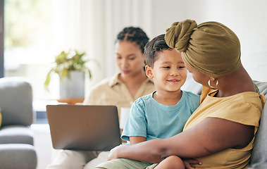 Image showing Happiness, home and family child, mom or people bonding, relax and enjoy quality time together. Wellness, support and young kid, mothers or mama smile, care and connect with young son on lounge sofa