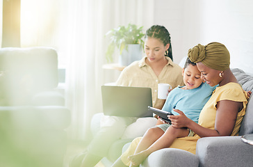 Image showing Reading kid, tablet and family home, mom and bisexual people search social media, studying e learning and ebook story. LGBTQ, online knowledge app or relax non binary woman teaching child on sofa