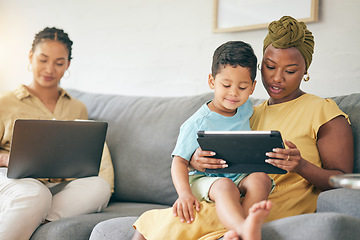 Image showing Relax, tablet and family kid, mom or bisexual people reading online web story, e learning article and distance education. LGBTQ, lesbian mothers or relax gay woman teaching child on home lounge sofa