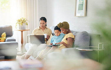 Image showing Relax kid, tablet and family home, mother and gay people search social network, studying elearning and student ebook. LGBTQ, streaming education video and queer woman teaching child on lounge sofa