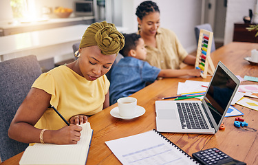 Image showing Remote work, lesbian couple and black woman with kid in home for learning math. African freelancer, taking notes and child with mothers for studying, adoption or interracial education with gay family