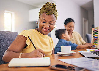 Image showing Remote work, black woman writing and child in home with happy babysitter for learning math. African freelancer, taking notes and kid with mother for education, adoption or interracial study with book