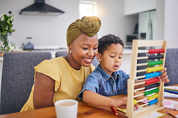 Image showing Mom, child and learning with abacus for education or tutor, teacher or person helping with homework, study and counting. Kindergarten, math and development of boy through school or homeschooling