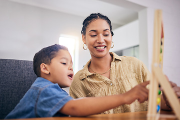 Image showing Learning, abacus and education of child with mom or tutor, teacher and mother helping with homework, study and counting. Kindergarten, math games and development of boy in remote or home school