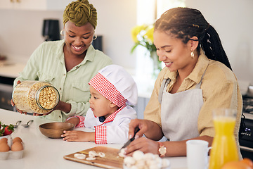 Image showing Cooking, gay family and a child in home kitchen for learning, development and love. Adoption, lesbian or lgbtq women or parents and a happy young kid together to cook food with care, help and support