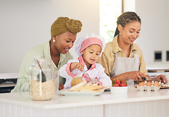 Image showing Gay family, child and cooking in home kitchen for learning, development and love. Adoption, lesbian or lgbtq women or parents and a happy young kid together to cook breakfast food with care and help