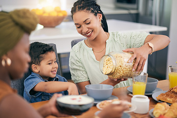 Image showing Breakfast cereal, happiness and family eating, giving meal or enjoy quality time together, brunch event and pour morning food. Relax child, mother or parent serving hungry kid in home dining room