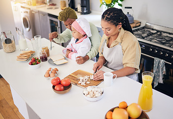 Image showing Child. cooking and gay family in home kitchen for learning, development and love. Adoption, lesbian or lgbtq women or parents teaching a happy young kid to cook food with care, help and support