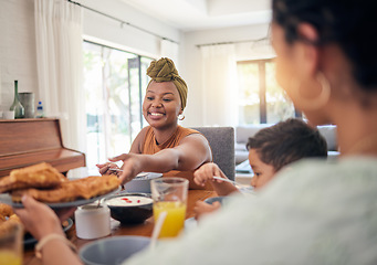 Image showing Food plate, smile and family eating, giving meal or enjoy quality time together, lunch or brunch in home dining room. Kids, happy people and relax children, mother and parents pass snack at breakfast