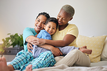 Image showing LGBT, bedroom hug and family portrait, happy child and mothers bond, relax and enjoy time together. Home, bed and gay people, queer parents or lesbian women support, care and hugging adoption kid