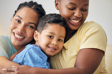 Image showing LGBT, hug and face of family portrait, happy kid and mothers love, affection and enjoy bonding time together. Home, closeup and gay people, non binary parents or lesbian women embrace adoption child