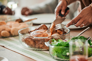 Image showing Hands, cutting turkey and thanksgiving for dinner, lunch or food for event, celebration and nutrition. Person, cutlery and poultry food for eating, share and culture for diet, zoom or closeup in home