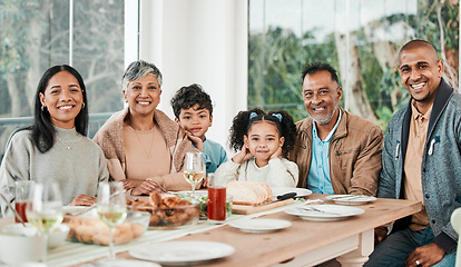 Image showing Portrait, relax and family with food, lunch and happiness with quality time, nutrition and children. Face, grandparents or mother with father, kids and meal with love, home and happy with generations