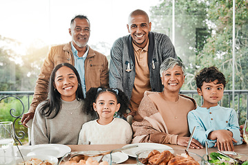 Image showing Portrait, smile and family with food, lunch and happiness with quality time, relax and celebration. Face, grandparents and mother with father, children and kids with dinner meal, home and nutrition