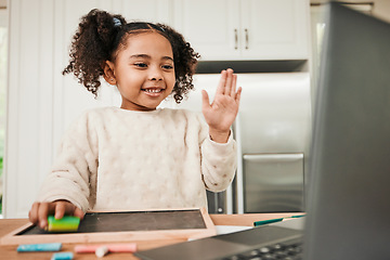 Image showing Hello, video call and a child with a laptop for elearning, home education and studying online. Happy, wave and a girl student with a greeting for virtual school, classroom or a kindergarten webinar