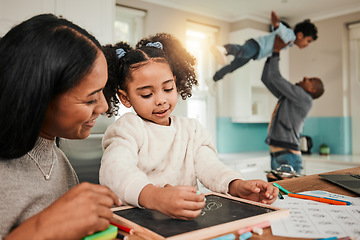 Image showing Child learning, family and mom help with chalkboard, writing and school homework at home. Mother, young girl and knowledge development with kid teaching in a house with education for homeschool