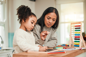 Image showing Learning, math and mother help kid with homework for homeschool lesson, project or academic assignment. Smile, happy and parent or mom support child with education, development and studying together