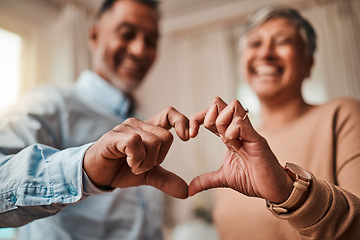 Image showing Heart hands, home and senior couple with a sign, care and happiness with kindness, marriage and health. Commitment, old man or elderly woman with symbol for love, support and like with emoji or smile