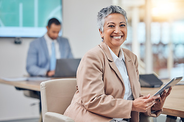 Image showing Portrait of woman in office with tablet, business people and smile, leadership at startup agency. Workshop, presentation and face of happy businesswoman, professional with opportunity and development