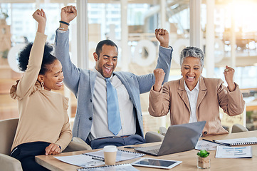 Image showing Business people, laptop and teamwork with celebration, goals and success with connection, profit growth and happiness. Staff, corporate or group with pc, smile or collaboration with support or target