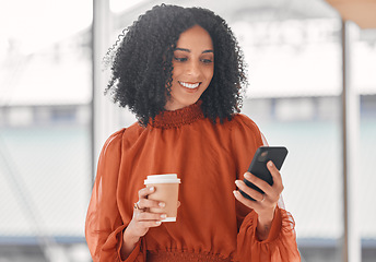 Image showing Chat, coffee and a woman with a phone at work for social media, email check or internet information. Smile, break and a young corporate employee on a mobile app and a drink in an office for business