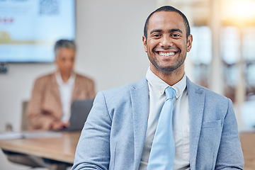 Image showing Portrait of man in office for meeting with business people, smile and leadership at startup agency. Workshop, presentation and face of happy businessman, professional with opportunity and development