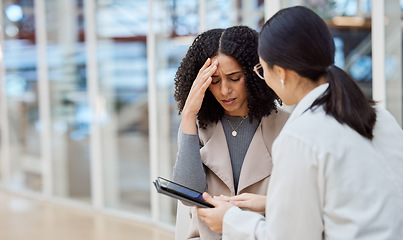 Image showing Stress, results and doctor with a woman and tablet for healthcare advice, medical news or problem. Sad, talking and a surgeon speaking to a sick patient with technology and feedback on a test