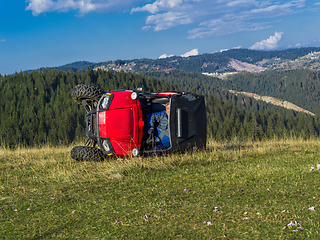 Image showing Accident on an adventure quad bike ride. The driver crashes after driving dangerously