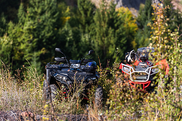 Image showing Various ATV quad motors in the forest area ready for adventurous driving