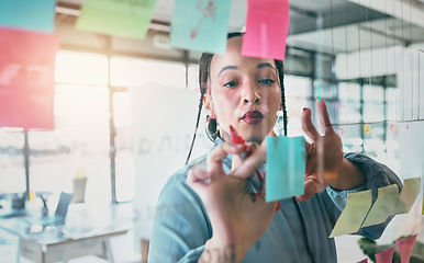 Image showing Woman at glass with ideas, thinking and sticky note for business planning, brainstorming or working process. Moodboard, strategy and writing notes for startup proposal on mind map at office workshop.