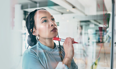 Image showing Woman, thinking and moodboard, marker and notes for business planning, brainstorming and working process. Ideas, creative plan and writing on glass for startup proposal on mind map at office workshop