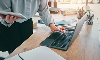 Image showing Tablet, laptop typing and business hands at web analyst company with notes. Technology, person and online professional working in office with computer and digital data research job for project