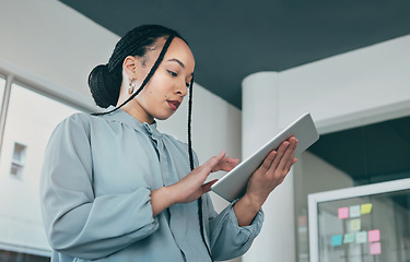 Image showing Woman in office on tablet, research and sticky note ideas on moodboard on business plan, brainstorming or proposal email. Thinking, typing pitch and businesswoman on internet for mind map at startup.