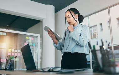 Image showing Tablet, thinking and business woman at web analyst company with planning. Technology, female person and online professional working in office with computer and digital data research for project