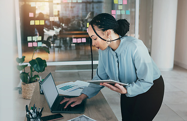 Image showing Tablet planning, laptop and business woman at web analyst company with typing. Technology, female person and online professional working in office with computer and digital data research for project