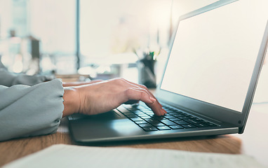 Image showing Laptop screen mockup, keyboard and person hands typing administration report, online project development or research. Advertising space, UI design and closeup business employee working on ecommerce