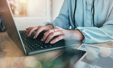 Image showing Laptop keyboard, hands and professional person typing UX webdesign, app wireframe development or monitor online info. SEO, web traffic research and closeup computer user working on website layout