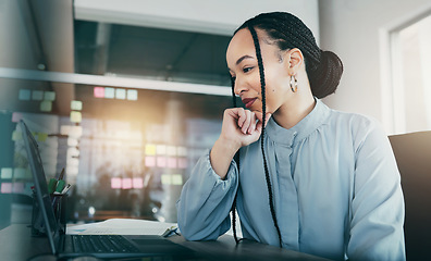 Image showing Woman on laptop, reading email and research on website, social media and sticky note ideas on moodboard. Thinking, smile and businesswoman on computer, checking online review and brainstorming on web