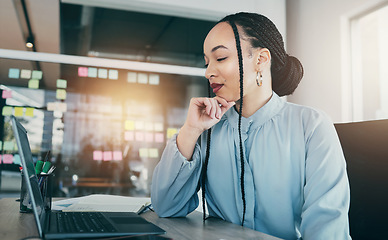 Image showing Reading email, office and a woman with a laptop for communication, website or work research. Planning, business and a young corporate employee with information on a computer, network or analysis