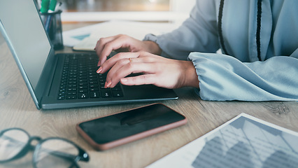 Image showing Laptop keyboard, hands or woman typing financial budget report, accounting feedback or bookkeeping administration. Research, communication or closeup female accountant working on company finance plan