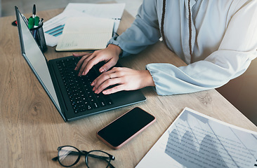 Image showing Laptop keyboard, hands and business woman typing financial budget report, accounting feedback or administration. Finance review, closeup professional person or accountant working on spreadsheet data