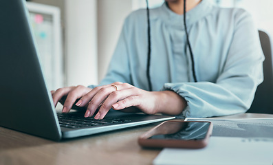 Image showing Laptop keyboard, technology or woman hands typing business report, social network advertising post or customer experience review. Closeup person working on online blog post, media analysis or project