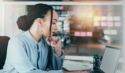 Image showing Reading proposal, desk and a woman with a laptop for communication, website or work research. Planning, business and a young corporate employee with information on a computer, network or analysis