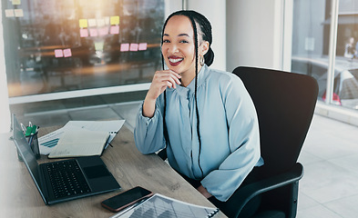 Image showing Portrait on woman in office with laptop, smile and ideas on moodboard for business plan, brainstorming or proposal process. Confidence, entrepreneur and happy businesswoman at startup with computer.