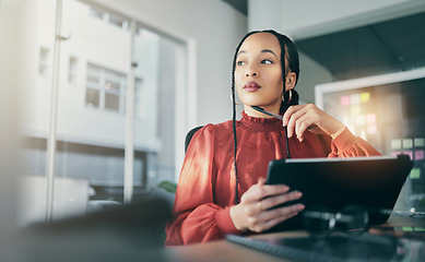 Image showing Tablet, thinking and a business black woman in her office, working online for schedule or calendar planning. Technology, research and idea with a corporate employee reading data for problem solving