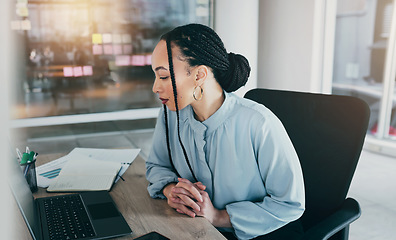 Image showing Woman in office reading on laptop, research and ideas on moodboard for business plan, brainstorming or proposal email. Thinking, entrepreneur and businesswoman on computer for website at startup.