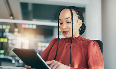 Image showing Tablet, planning and a business black woman in her office, working online while reading a schedule or calendar. Technology, research and innovation with a corporate employee reading internet data