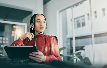 Image showing Tablet, thinking and a business black woman in her office, working online for schedule or calendar research. Technology, idea and search with a corporate employee planning using data or information